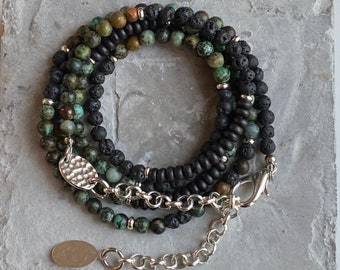 African Turquoise 5 Wrap Bead Bracelet, Black Gemstone Bracelet, Bracelet For Women Boho, Turquoise And Lava Bead Bracelet