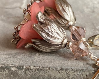 Salmon Pink Lily Flower Earrings, Tulip Flower Earrings, Pink And Silver Earrings, Flower Jewelry