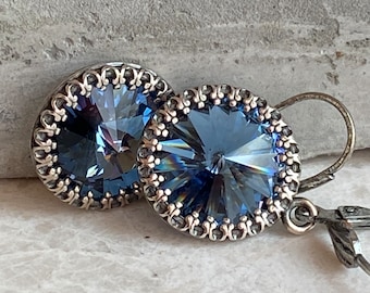 Blue Austrian Crystal Earrings, 14mm Rivoli Crystal Earrings, Gift For Her