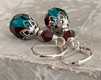 Austrian Crystal Earrings, Gift For Her, Statement Dangle Earrings, Teal And Burgundy Earrings