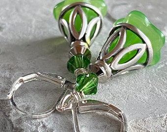 Green Apple Czech Glass Flower Earrings, Green Bell Flower Earrings