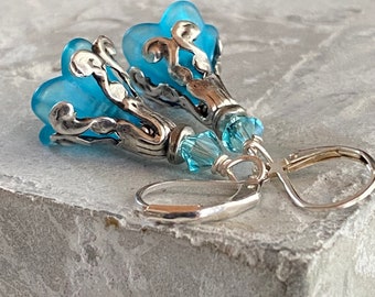 Aqua Blue Flower Earrings, Blue And Silver Earrings, Flower Dangle Earrings, Gift For Her