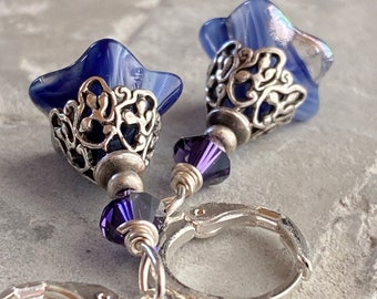Flower Earrings,Flower Dangle, Purple Bead Earrings, Gift For Her