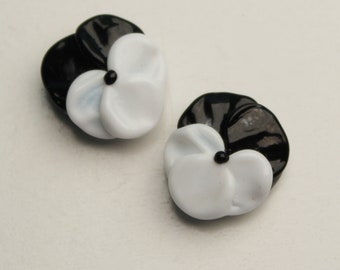 Pair of Lampwork Flower Beads, Black and White Pansies, handmade unique jewelry supplies