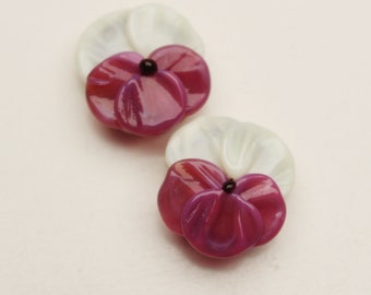 Pair of Lampwork Flower Beads, Purple and White Pansies, handmade unique jewelry supplies