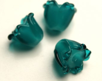 Set of 3 BLUEBELLS, Lampwork Glass Bead in Dark Teal Blue, Lily of the Valley, unique craft supplies