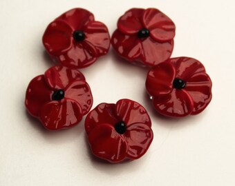 Set of 5 Remembrance Day, Veterans Day, Flanders Poppy, Memorial Day Poppies, Handmade Glass Flower beads sra