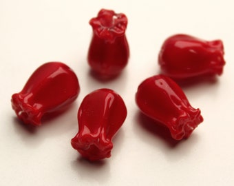Set of 5 Handmade Lampwork Glass JAPONICA BEADS red flowers for jewelry lampwork flower beads