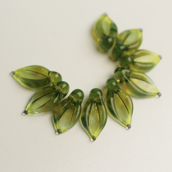 Unusual Color LEAVES Set of 9 Artisan Lampwork Glass Leaf Beads olivine green sra