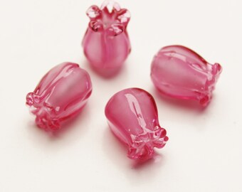 Set of 4 Sculpted Lampwork Glass Flower Beads, PINK JAPONICA, handmade jewelry supplies sra pairs