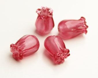 Set of 4 Sculpted Lampwork Glass Flower Beads, PINK JAPONICA, handmade jewelry supplies sra