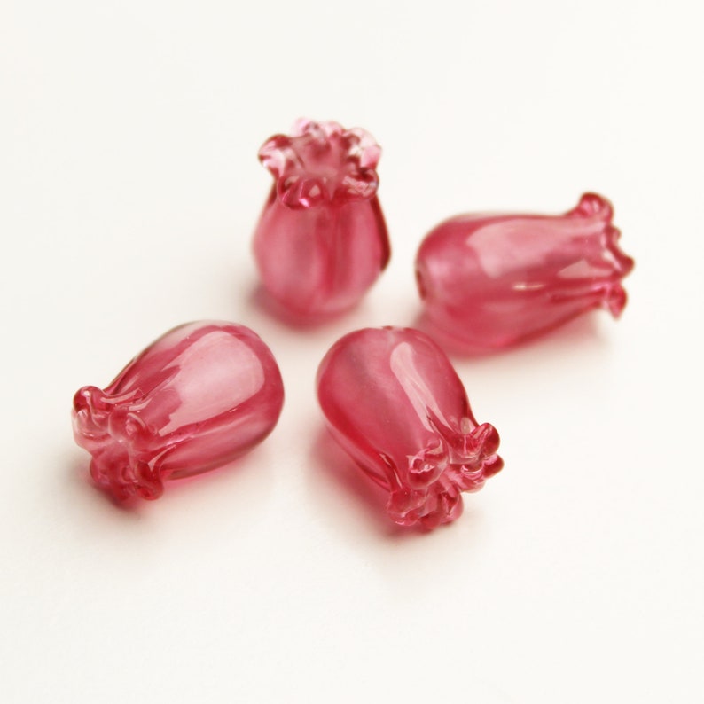 Set of 4 Sculpted Lampwork Glass Flower Beads, PINK JAPONICA, handmade jewelry supplies sra image 1