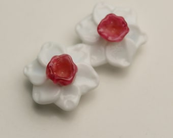 Pair of Handmade Lampwork Beads, WHITE and PINK DAFFODILS, Narcissus, Jonquil, artisan glass flowers, lampwork floral beads