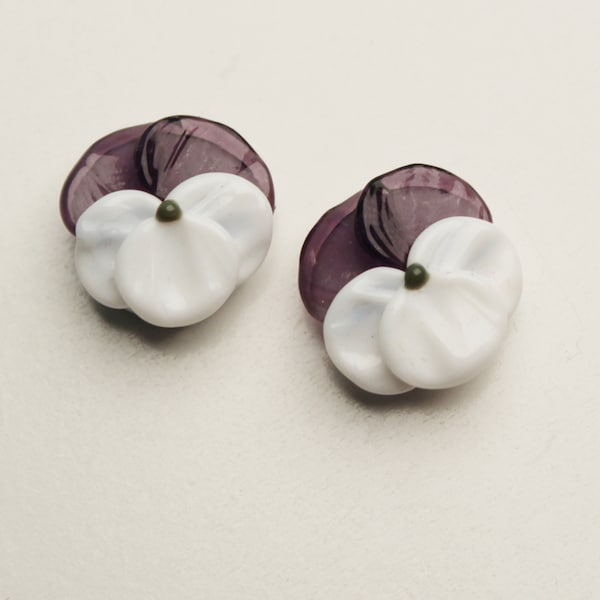 Pair of Pansy Flower Beads, handmade lampwork jewelry supplies by Serena Smith Lampwork viola spring flowers