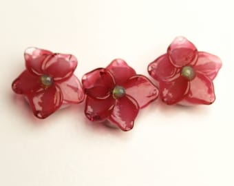 Set of 3 Sculpted Glass Flower Beads, Pink Cherry Blossoms, artisan lampwork florals handmade in Oregon