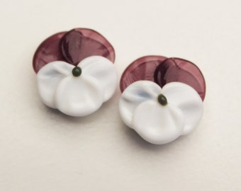 Pair of Lampwork Glass Beads, Amethyst Purple and White Pansy Flowers, handmade unique jewelry supplies