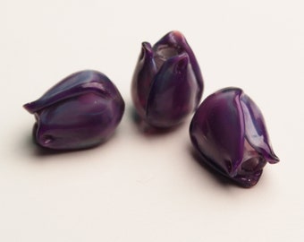 Trio of Artisan Lampwork Glass Flower Beads, Deep Purple Tulips, lampwork flower, handmade lampwork