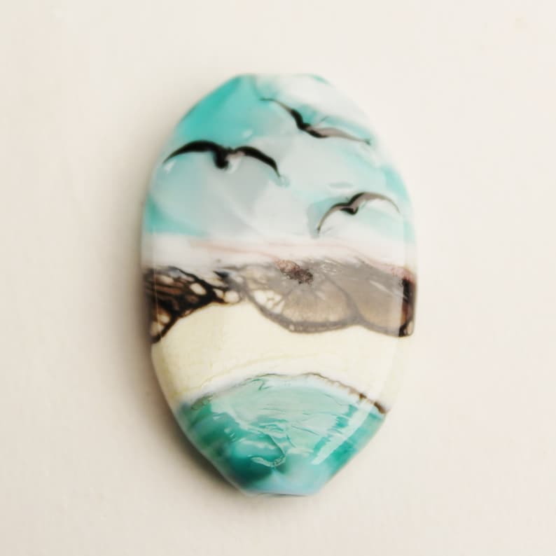 handmade supplies Oregon Coast Beach Bead with birds sra Lampwork Focal landscape like a painting in glass
