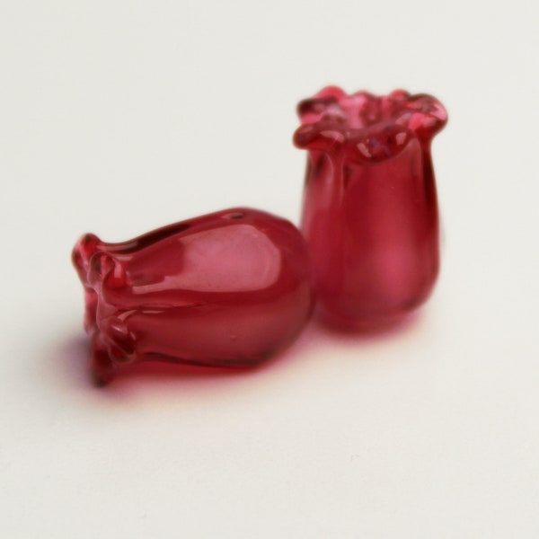 Pair of Sculpted Lampwork Glass Flower Beads, PINK JAPONICA, handmade jewelry supplies sra