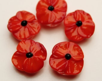 Set of 5 Memorial Day Poppies, Remembrance Day, Veterans Day, Flanders Poppy, Lampwork Jewellery Beads, SRA Handmade Glass Flower Lampwork