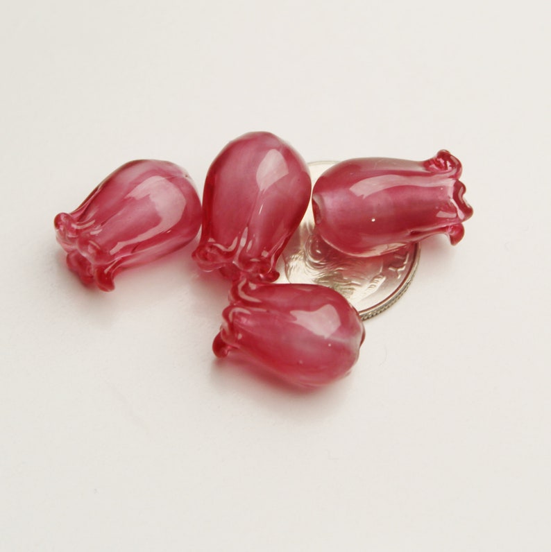 Set of 4 Sculpted Lampwork Glass Flower Beads, PINK JAPONICA, handmade jewelry supplies sra image 2