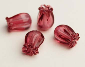 Sculpted Lampwork Glass Flower Beads, Set of 4 RUBY PINK JAPONICA, handmade jewelry supplies sra pairs