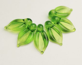 Lampwork Glass Beads set of 6 LIME GREEN LEAVES, handmade artisan lampwork glass beads sra