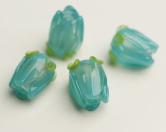 Lampwork Glass Beads, Set of 4 TURQUOISE BLUE ROSES, handmade jewelry supplies, craft supplies, sra