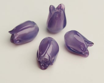 Set of 4 Artisan Lampwork Glass Flower Beads, Opaline Purple Tulips, lampwork flower, handmade lampwork