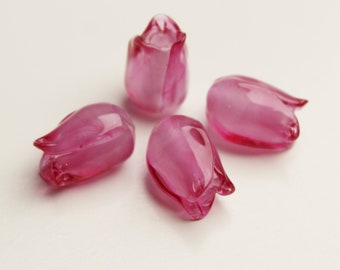 Set of 4 Sweet Pink Tulip Lampwork Glass Flower Beads, handmade jewelry supplies