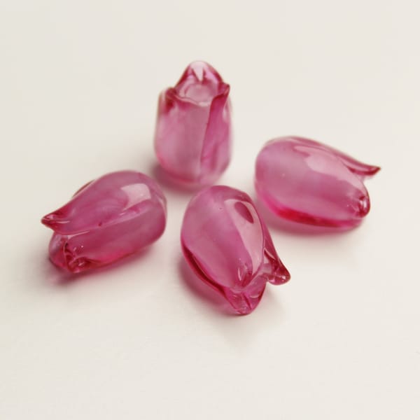 Set of 4 Sweet Pink Tulip Lampwork Glass Flower Beads, handmade jewelry supplies