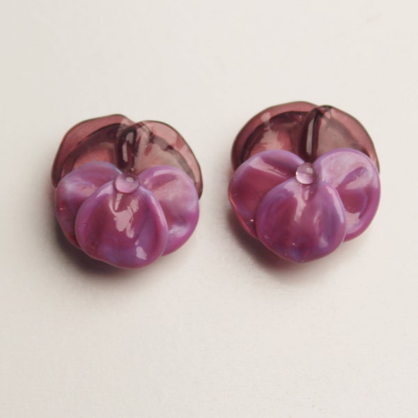 Pair of Purple Purple Pansy Glass Flower Beads, handmade jewelry supplies by Serena Smith Lampwork, viola, spring flowers