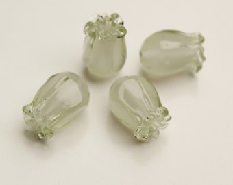 Set of 4 Artisan Lamp work Glass Flower Beads, GREEN JAPONICA, jewelry supplies sra