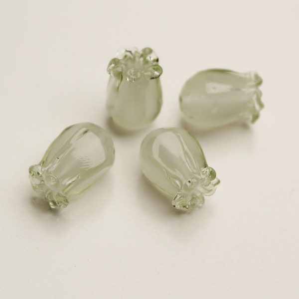 Set of 4 Artisan Lamp work Glass Flower Beads, GREEN JAPONICA, jewelry supplies sra