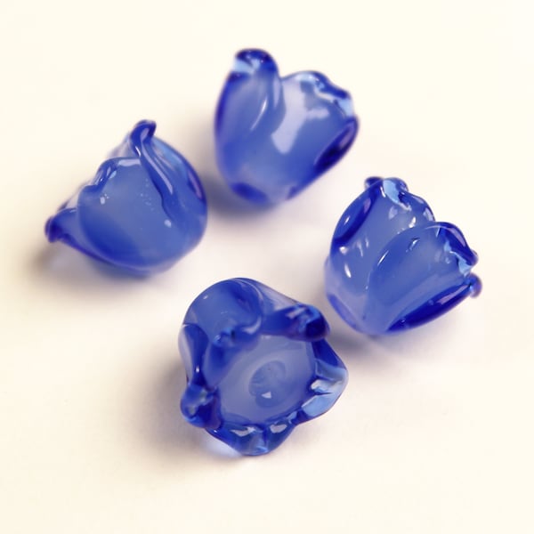 Set of 4 BLUEBELLS, Lampwork Glass Beads in Cobalt Blue, Lily of the Valley, unique craft supplies