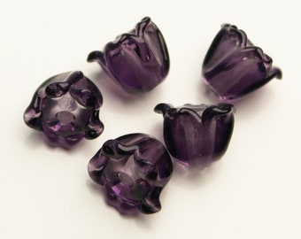 Lily of the Valley, Set of 5 Dark Amethyst Purple Bell Flower Beads handmade jewelry supplies, lampwork floral beads