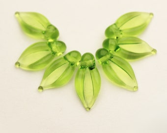 Set of 7 Lampwork Glass Beads LIME GREEN LEAVES, handmade artisan lampwork glass beads sra peridot green
