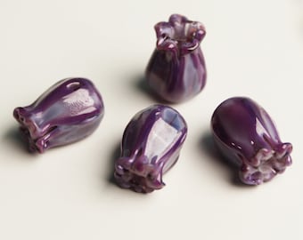 Set of 4 Handmade Artisan Lampwork Flower Beads, PURPLE JAPONICA, purple glass