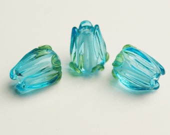 Lampwork Beads, TURQUOISE BLUE ROSES, Set of 3 sra handmade glass flower beads