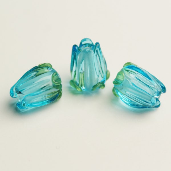 Lampwork Beads, TURQUOISE BLUE ROSES, Set of 3 sra handmade glass flower beads