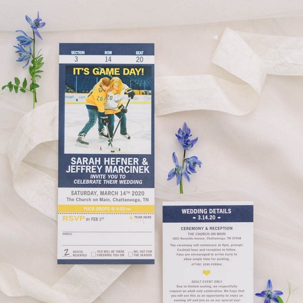 Sport Ticket Invitation with Tear Off RSVP Stub -SAMPLE- Weddings Shower Birthday Bar Mitzvah Dinner Party