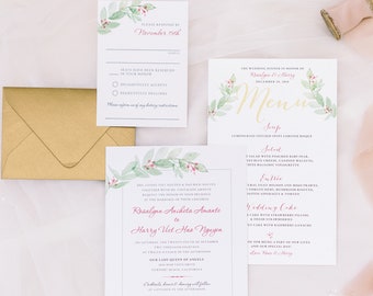 Greenery Leaves Watercolor Wedding Invitation Suite / Custom Invites / RSVP Details Menu Cards