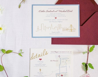 FOIL printed Invites -SAMPLE- San Francisco Skyline / Wedding Event Party / Custom Graphic Design  / Gold Copper Rose Gold Silver