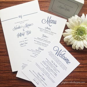 Cartões de recepção de casamento com design personalizado/faça você mesmo para impressão/programa de itinerário de boas-vindas do menu