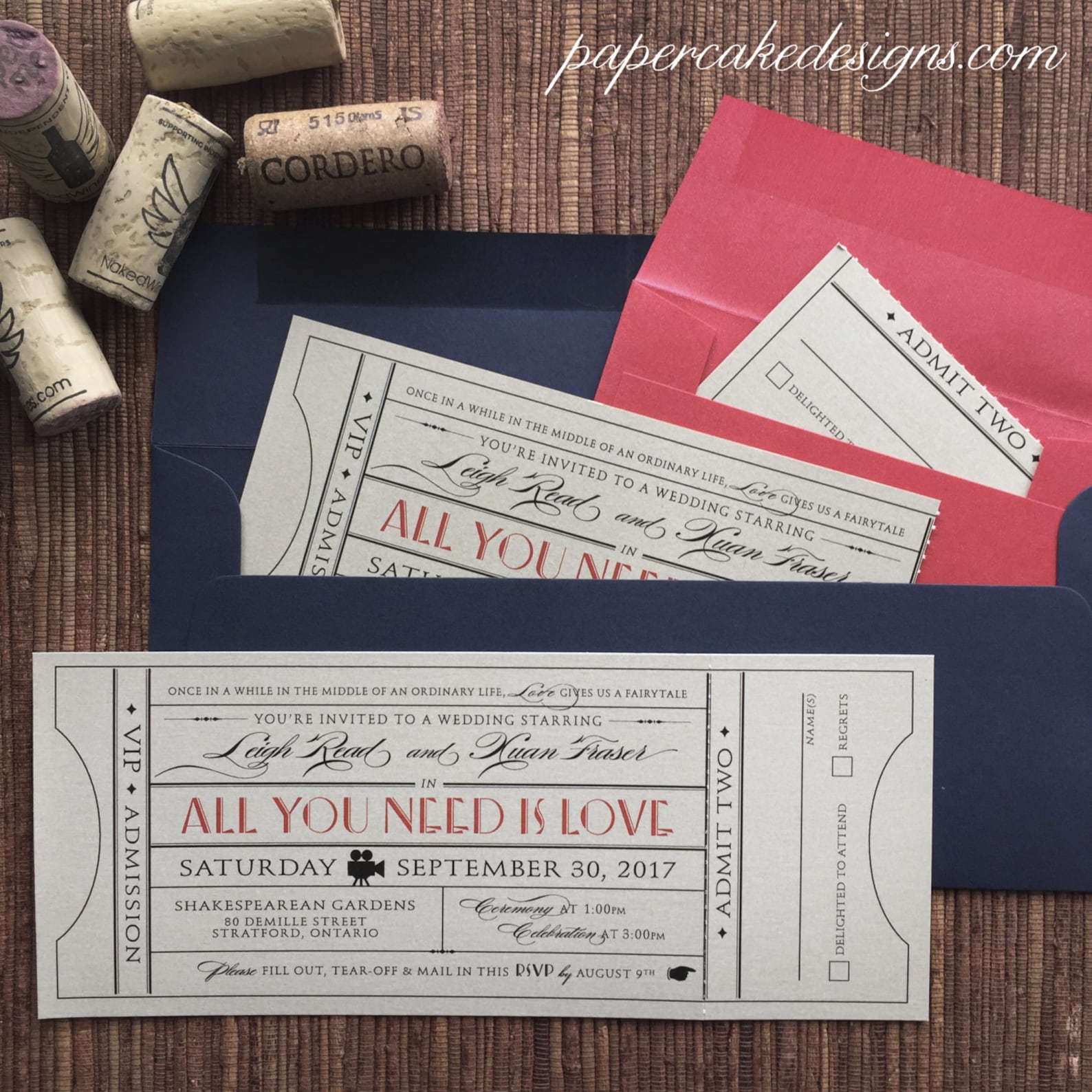 Vintage Movie Ticket Wedding Invitation With RSVP Tearoff Stub SAMPLE