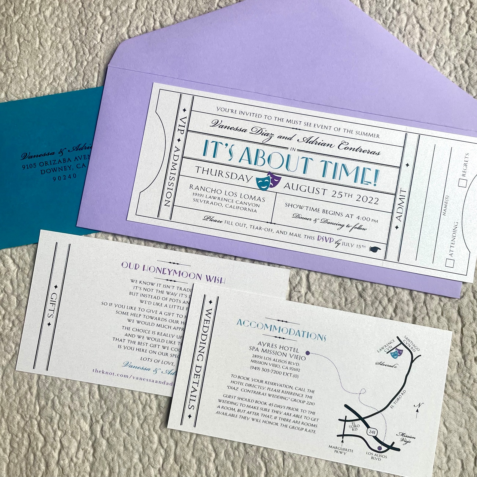 Vintage Movie Ticket Wedding Invitation With RSVP Tearoff Stub SAMPLE