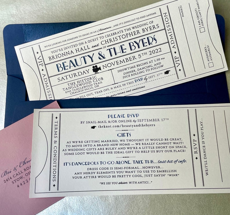 Vintage Movie Ticket Wedding Invitation with RSVP Tear-off stub SAMPLE Custom Design / Birthday Party Anniversary Corporate Event Invite image 6