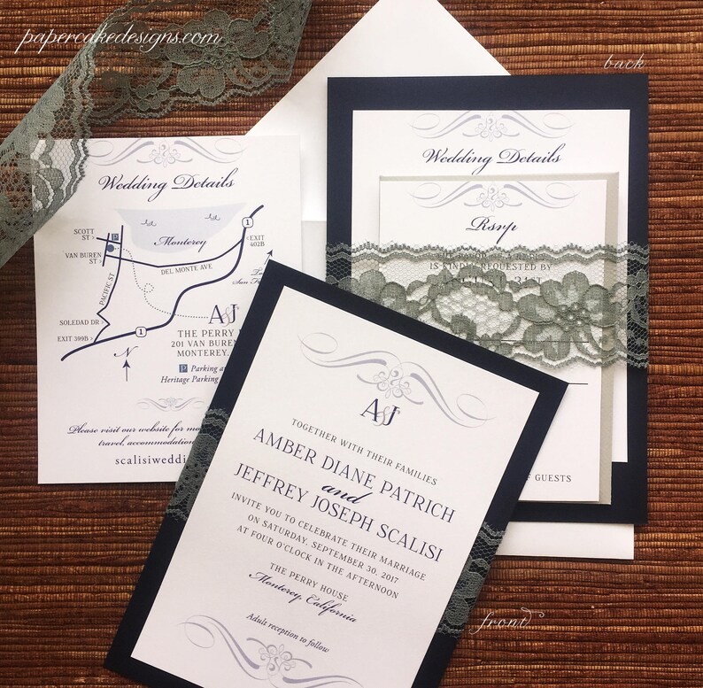 Lace Wedding Invitation / Custom Design / RSVP Enclosure Cards image 1