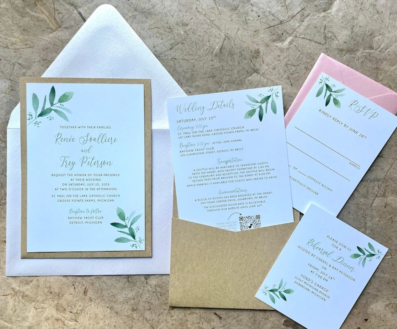 Wedding Invitation with Pocket on the back for Enclosure Cards / Custom Graphic Design image 1