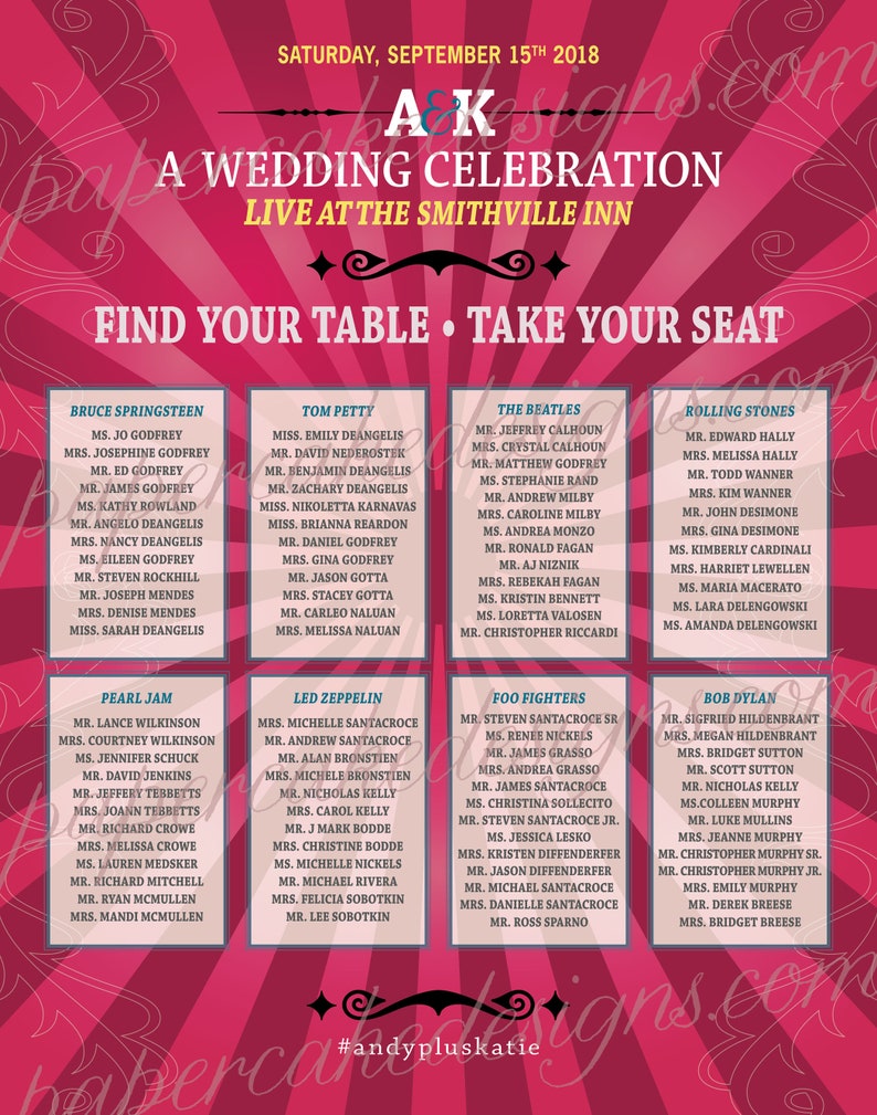 Wedding Seating Chart / Concert Festival Poster Design / DIY Digital Printable PDF / Reception Sign Color Bkgd